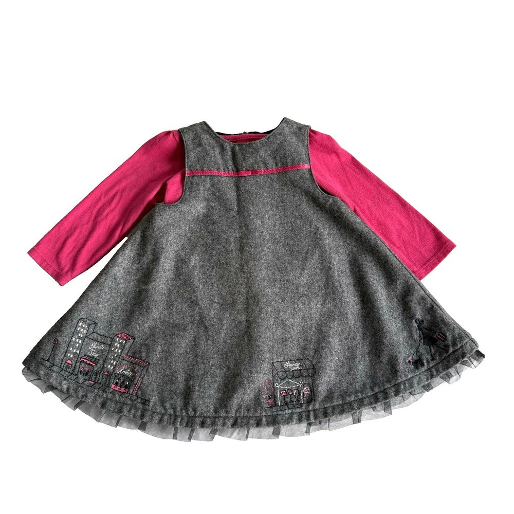 Y2K Girls Gymboree Gray Wool Blend Jumper Dress City France Pink Twirl Sz 6-12M